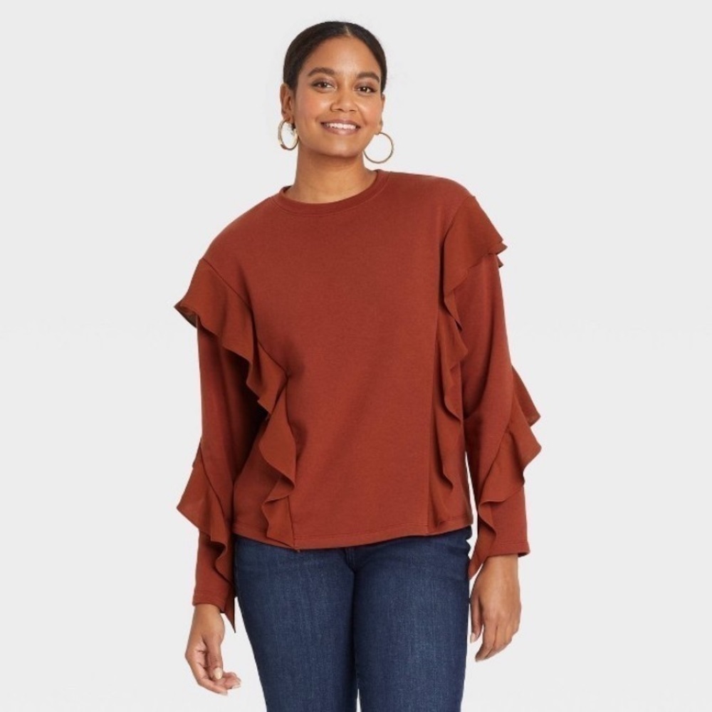 A new day brown ruffle sweatshirt
